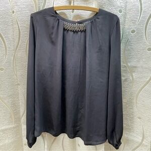 Mandy Evans Embellished Neckline Dark Gray Long Sleeve Blouse Top Size L